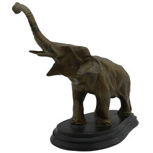 Vintage Hand Carved Brass Elephant Statue w/ Wooden Base Figurine Wildlife Decor